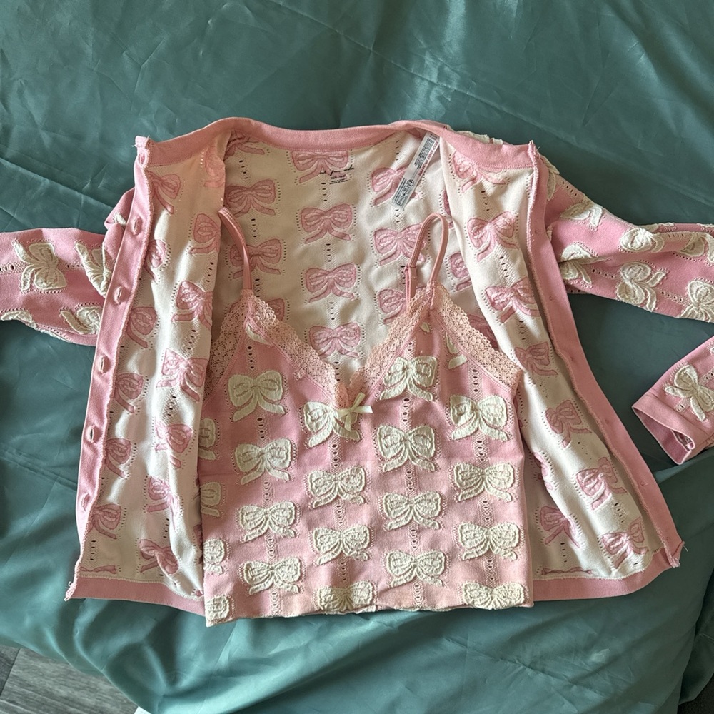 Urban Outfitters Out From Under pink bows tank top and cardigan set